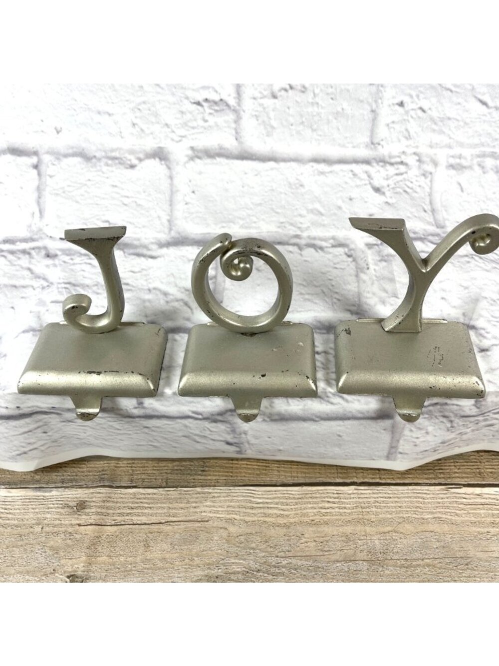 Vintage Pottery Barn Silver JOY Christmas Stocking Holders Weighted Mantel Hooks - Picture 11 of 12